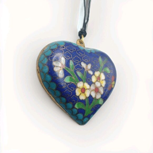 Antique Vintage Brass Enamel Cloisonne Heart Pendant Necklace 2" Statement 33.5g - Picture 5 of 10